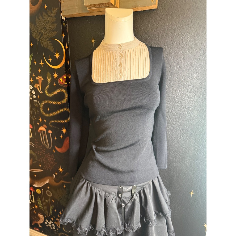 Kenar Womens XL Black Square Neck Top Silk Trim Pleated Bib Layered Knit Sweater